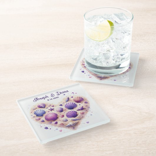 Seashell Beach Valentine Anniversary Names Glasuntersetzer (Schrägansicht)