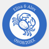 Seashell Beach Wedding Blue White CUSTOM Runder Aufkleber (Vorderseite)