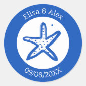 Seashell Beach Wedding Blue White CUSTOM Runder Aufkleber (Vorderseite)