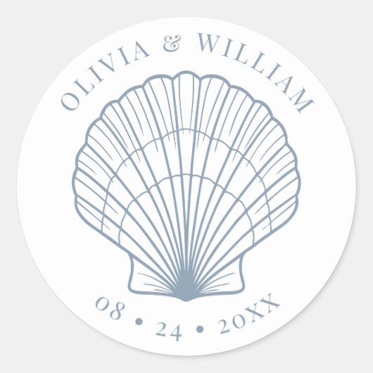 Seashell Beach Wedding Coastal Dusty Blue Runder Aufkleber (Vorderseite)