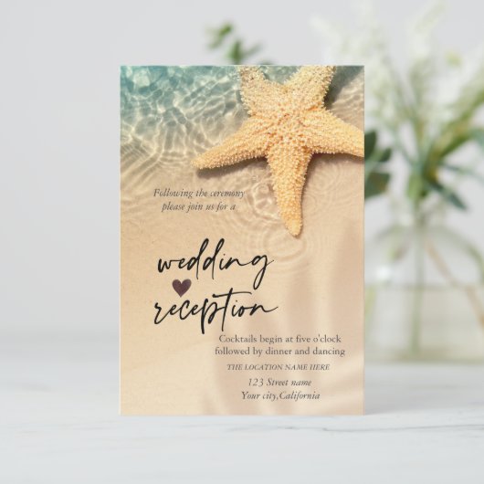 Seashell Beach Wedding Empfang Einladung (Stehend Vorderseite)