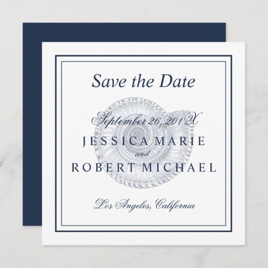 Seashell Beach Wedding Save the Date Square - Navy (Vorne/Hinten)