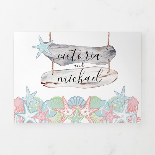 Seashell Beach Wedding Tri-Fold Einladung (Cover)