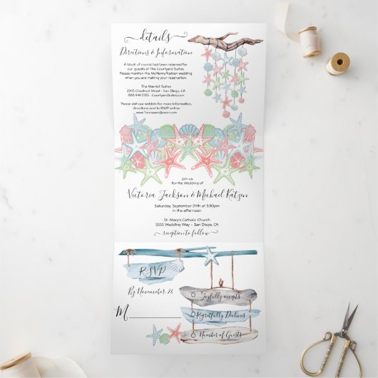 Seashell Beach Wedding Tri-Fold Einladung (Innenseite)