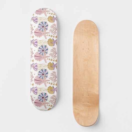 Seashell Blue Lila Pink Ocean Nautic Skateboard (Vorderseite)