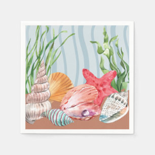 Seashell Blue Watercolor Beach Wedding Serviette