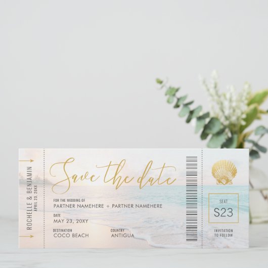 Seashell Boarding Pass Ticket Beach Hochzeit Save The Date (Stehend Vorderseite)