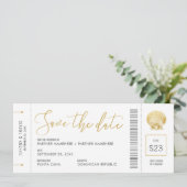 Seashell Boarding Pass Ticket Beach Hochzeit Save The Date (Stehend Vorderseite)
