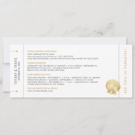 Seashell Boarding Pass Ticket Beach Hochzeit Save The Date (Rückseite)