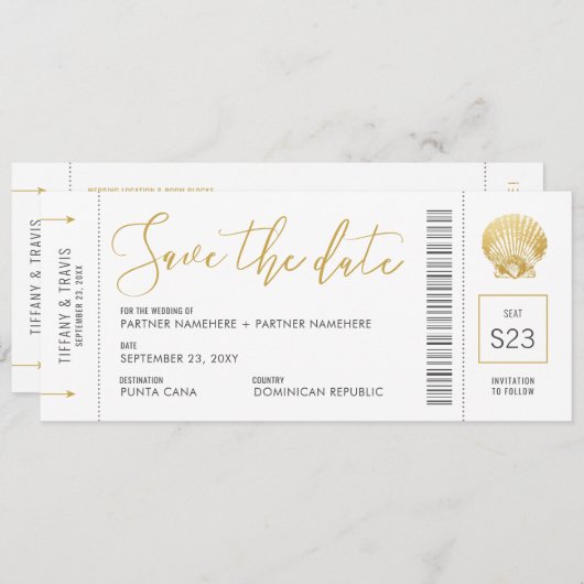 Seashell Boarding Pass Ticket Beach Hochzeit Save The Date (Vorne/Hinten)