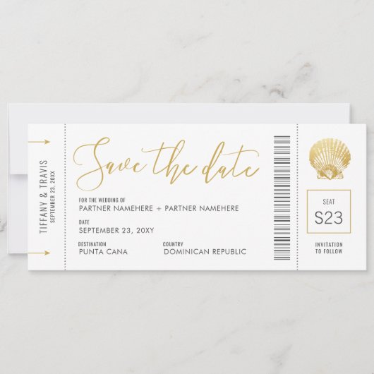 Seashell Boarding Pass Ticket Beach Hochzeit Save The Date (Vorderseite)