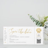 Seashell Boarding Pass Ticket Beach Hochzeit Save The Date (Stehend Vorderseite)
