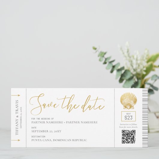 Seashell Boarding Pass Ticket Beach Hochzeit Save The Date (Stehend Vorderseite)