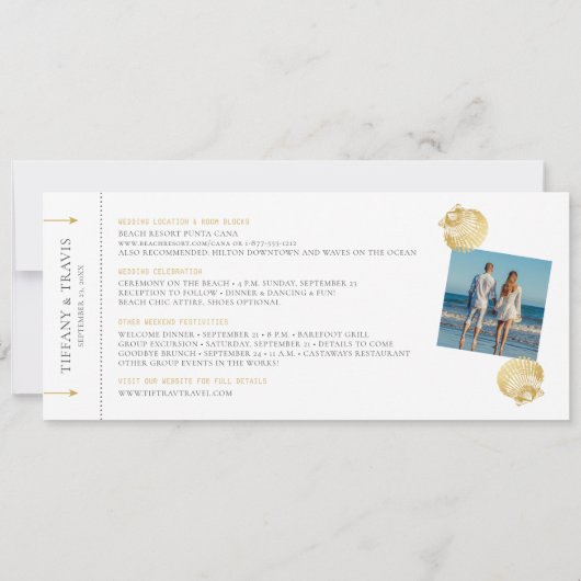 Seashell Boarding Pass Ticket Beach Hochzeit Save The Date (Rückseite)