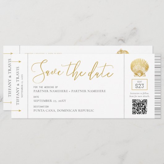 Seashell Boarding Pass Ticket Beach Hochzeit Save The Date (Vorne/Hinten)