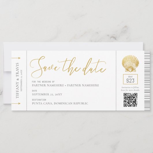 Seashell Boarding Pass Ticket Beach Hochzeit Save The Date (Vorderseite)