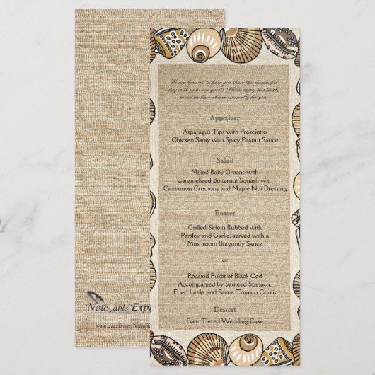 Seashell Border in Brown Wedding Menu Menükarte (Vorne/Hinten)