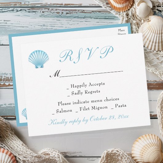 Seashell Coastal Romantic Summer Wedding RSVP Einladungspostkarte