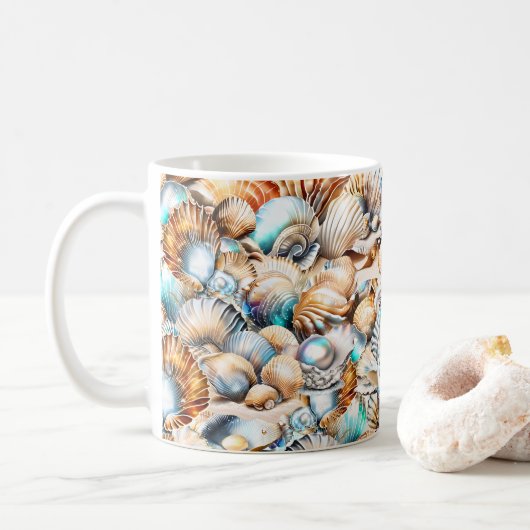 Seashell Collage iridescent Marine Küsten-Chic Kaffeetasse (Mit Donut)