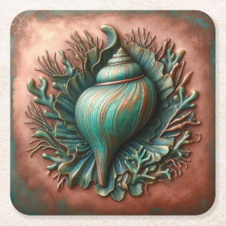 Seashell Copper und Patina Beach House Rechteckiger Pappuntersetzer