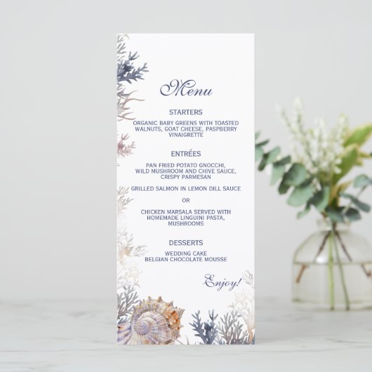 Seashell Corals Beach Wedding Menükarte (Stehend Vorderseite)