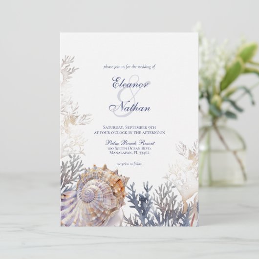 Seashell Corals Wedding Einladung (Stehend Vorderseite)