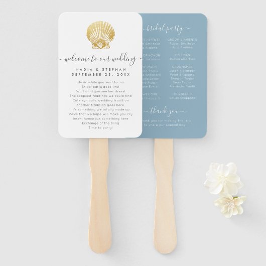 Seashell Gold Dusty Blue Beach Wedding Program Fan Fächer (Vorne und Hinten)
