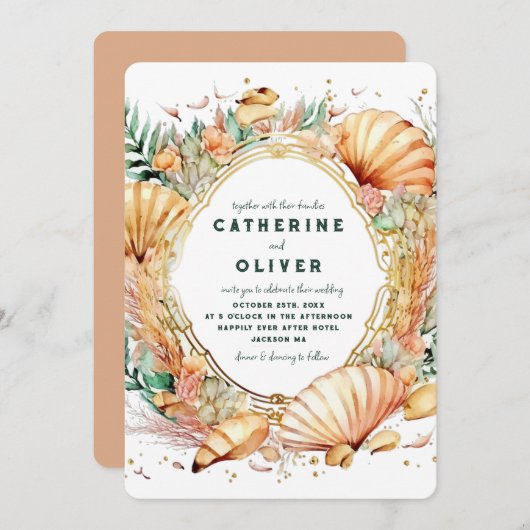 Seashell Gold Frame Ocean Summer Beach Hochzeit Einladung (Vorne/Hinten)
