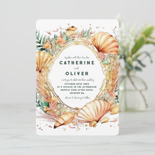 Seashell Gold Frame Ocean Summer Beach Hochzeit Einladung (Stehend Vorderseite)