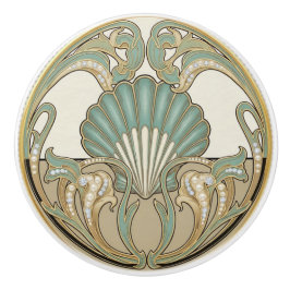 Seashell Green Cream & Gold Art Deco Nouveau Shell Keramikknauf