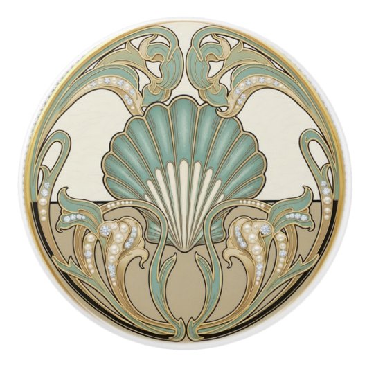 Seashell Green Cream & Gold Art Deco Nouveau Shell Keramikknauf (Vorderseite)