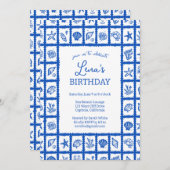 Seashell Grid Beach Birthday Party Blue CUSTOM Einladung (Vorne/Hinten)