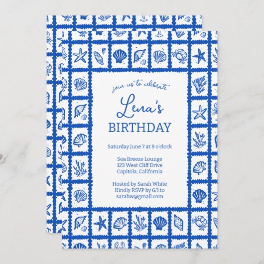 Seashell Grid Beach Birthday Party Blue CUSTOM Einladung (Vorne/Hinten)