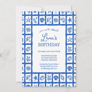 Seashell Grid Beach Birthday Party Blue CUSTOM Einladung