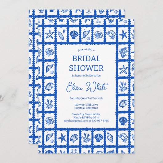 Seashell Grid Beach Brautparty Blue CUSTOM Einladung (Vorne/Hinten)
