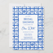 Seashell Grid Beach Brautparty Blue CUSTOM QR Einladung (Vorderseite)