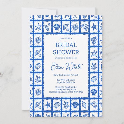 Seashell Grid Beach Brautparty Blue CUSTOM QR Einladung (Vorderseite)
