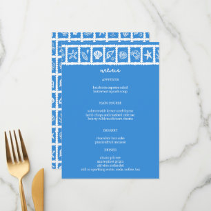 Seashell Grid Beach Wedding Blue White CUSTOM Menükarte