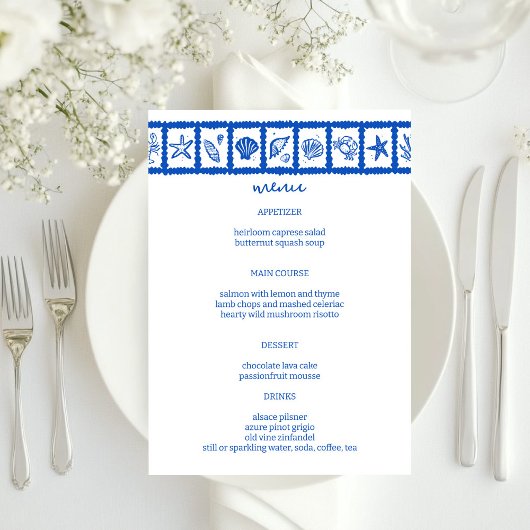 Seashell Grid Beach Wedding Blue White CUSTOM Menükarte