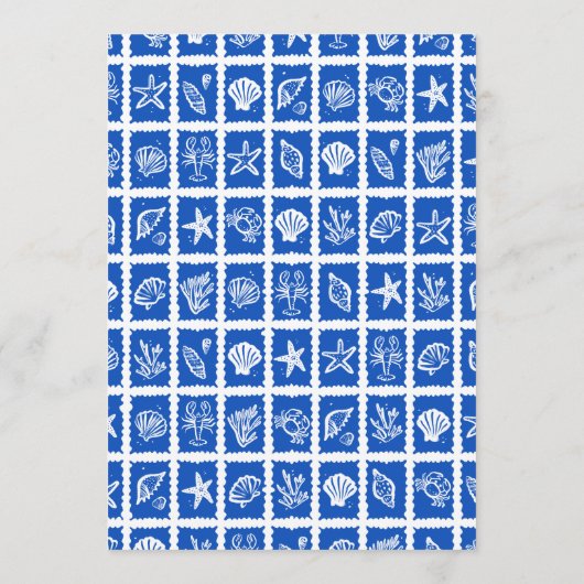 Seashell Grid Beach Wedding Blue White CUSTOM Menükarte (Rückseite)