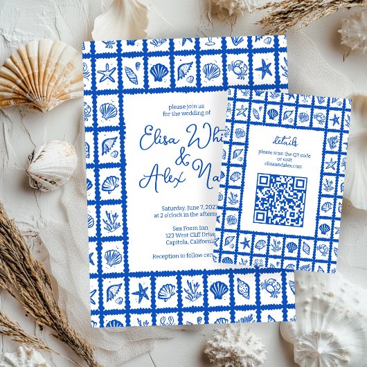 Seashell Grid Beach Wedding CUSTOM QR Code Begleitkarte