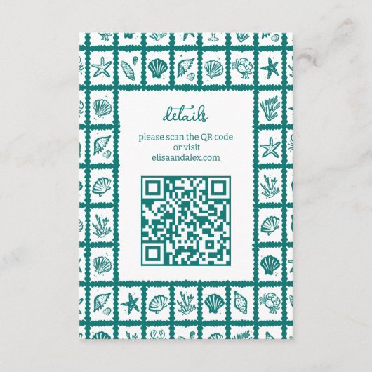 Seashell Grid Beach Wedding CUSTOM QR Code Begleitkarte (Vorderseite)