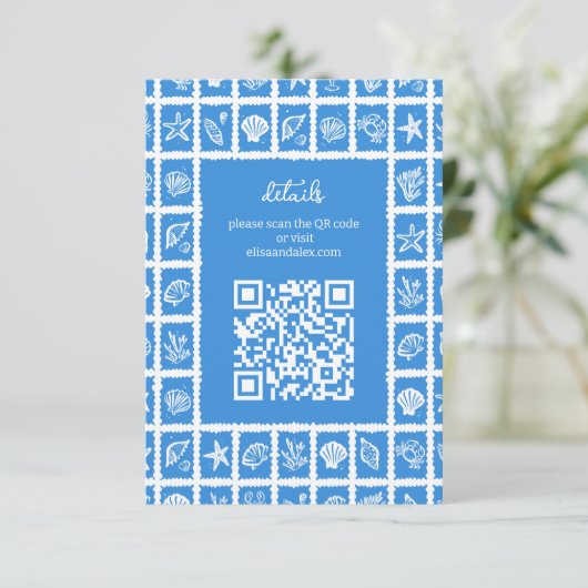 Seashell Grid Beach Wedding CUSTOM QR Code Begleitkarte (Stehend Vorderseite)