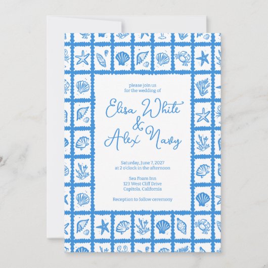 Seashell Grid Beach Wedding CUSTOM QR Code Einladung (Vorderseite)