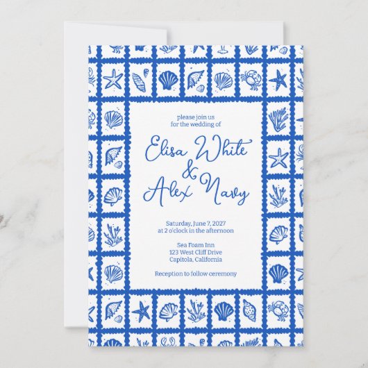 Seashell Grid Beach Wedding CUSTOM QR Code Einladung (Vorderseite)