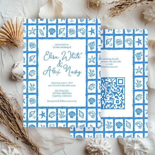 Seashell Grid Beach Wedding CUSTOM QR Code Einladung