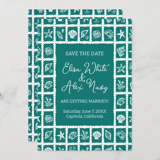 Seashell Grid Beach Wedding CUSTOM QR Code Save The Date (Vorne/Hinten)