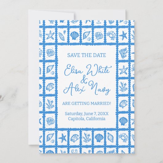 Seashell Grid Beach Wedding CUSTOM QR Code Save The Date (Vorderseite)