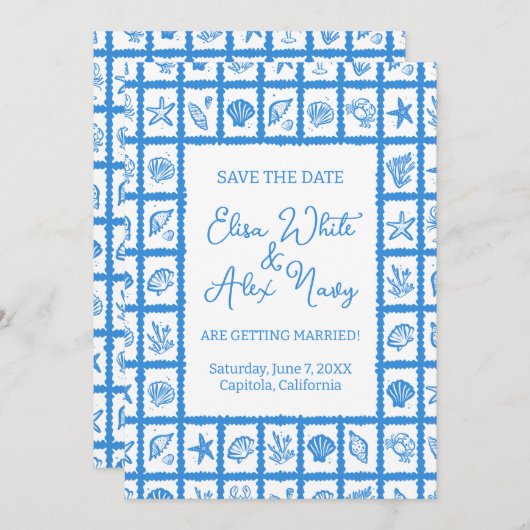Seashell Grid Beach Wedding CUSTOM QR Code Save The Date (Vorne/Hinten)