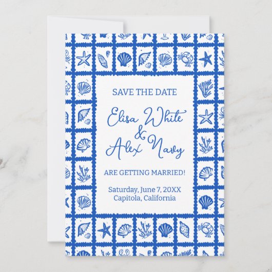 Seashell Grid Beach Wedding CUSTOM QR Code Save The Date (Vorderseite)